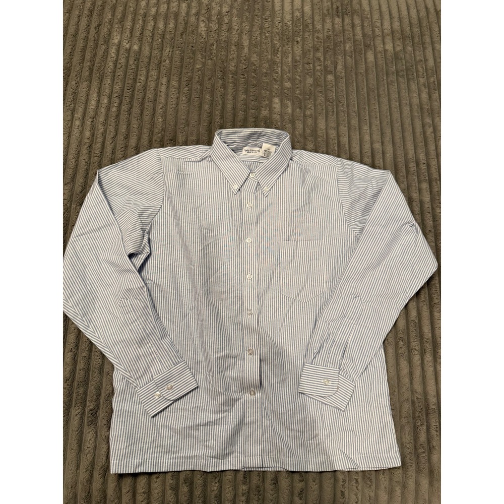 Lady Edwards Blue White Pinstripe Button Down Shirt Womens 14 Made in USA 0326
